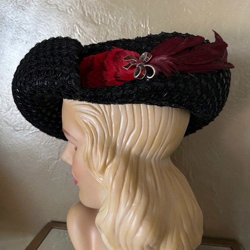 Beguiling 1940s' Black Straw Wide Brim Hat With Feather "Wings" & Brooch